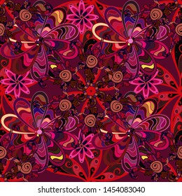 Vector. Seamless Doodles purple, red and black on colors. Vintage. Stylish fabric pattern.