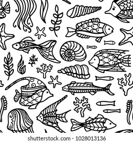 Vector seamless doodles underwater ocean pattern. Fish, sea plants and algae, shells and starfish. Black and white outlined boundless background. Can be used in colouring book for adults and children.