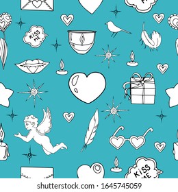 Vector seamless doodles Valentine's pattern. Cartoon romantic objects, love signs, design elements and symbols