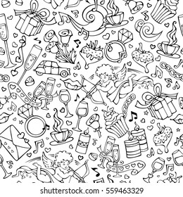 Vector seamless doodles Valentine's pattern. Cartoon romantic objects on white background. Love signs, design elements and symbols. Black and white illustration.