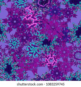 Vector. Seamless Doodles violet, purple and blue on colors. Stylish fabric pattern. Vintage.