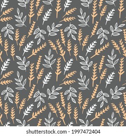 Vector seamless doodle-style background with golden wheat and leaves. Vintage background with autumn pattern.