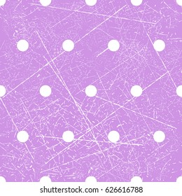 Vector seamless dots pattern. Purple background. White circle. Vintage fond. EPS 8. Abstract repeating texture. Scratch. Worn surface.