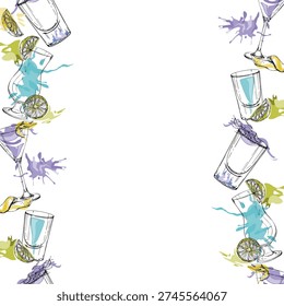 Vector seamless double strip of Kamikaze, Aviation, Blue Lagoon cocktail drinks. Color splashes, bright flat fills. Hand drawn in ink for party ribbons, digital designs, packaged goods, craft sets.