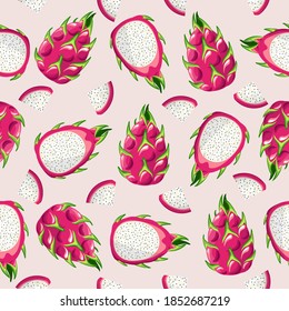 Vector seamless Dragon fruit pattern. Pitaya on a light background. Bright juicy tropical fruits. Design for printing, Wallpaper, fabric, textiles, banner