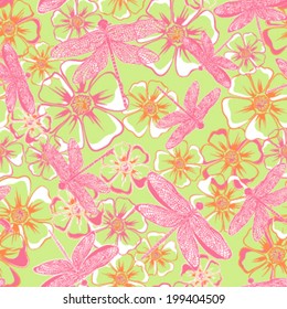 vector seamless dragonfly and flower print