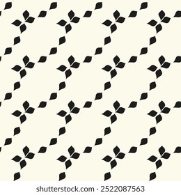 Desenho de vetor sem emenda. Ornamento monocromático com folhas estilizadas. Fundo geométrico elegante. Textura moderna e repetitiva. Design gráfico moderno