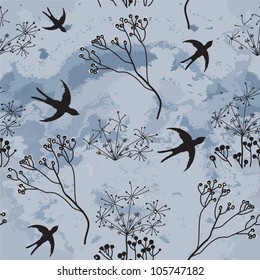 Vector seamless drawing swallows hovering to dark cloudy sky and sketch dry flowers