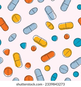 Vector seamless drawing with a variety of medical products. Multicolored capsules and pills with dark blue silhouette, hand drawn on gentle light background. Bright fresh pattern for banners or websit