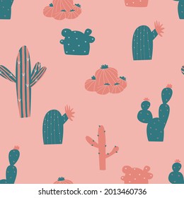 Vector seamless drawing with various cacti. Bright repeating texture with green cacti on a pink background . A natural hand-drawn background with desert plants.
handmade items.  Suitable for fabric, t