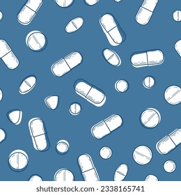 Dibujo sin fisuras de vectores con diversos productos médicos. Cápsulas blancas y pastillas con silueta azul oscuro, dibujadas a mano sobre fondo azul. Patrón fresco brillante para banners o sitios web. 