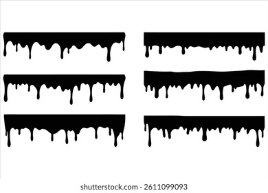 Vector seamless dripping paint set. Black ink drops.