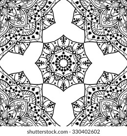 Vector seamless east pattern on a white background. Stylized ornament of mandalas. Template for carpet, shawl, wallpaper, textiles, cushions, tapestry.