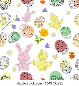 Vector seamless easter background. Easter eggs, rabbit, chick and beautiful flowers