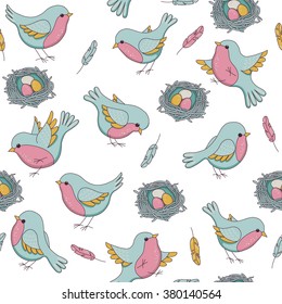 Vector seamless easter pattern with birds, nests, eggs and feathers. Childish illustration  in cartoon style. Perfect for invitations, wallpapers, manufacture wrapping paper, textile, web design.