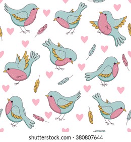 Vector seamless easter pattern with birds, hearts and feathers. Childish illustration  in cartoon style. Perfect for invitations, wallpapers, manufacture wrapping paper, textile, web design.