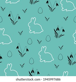 Vector seamless Easter pattern with bunnies and eggs silhouettes, snowdrops and grass. Stylish Easter vector design for printing, wallpaper, wrapping paper, children’s clothes, textile. EPS 10.