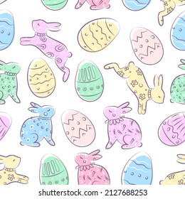 Vector seamless Easter pattern with cute hares and eggs. Pastel colors, sketch style. Especially for postcards and wrapping paper.