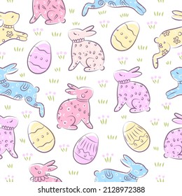 Vector seamless Easter pattern with cute hares and eggs. Pastel colors, sketch style. Great for fabric, wallpaper, textiles, packaging.