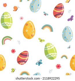 Vector seamless Easter pattern. decorative Easter eggs, rainbow butterfly background for printing on fabric, scrapbooking paper, gift wrap and wallpaper.
