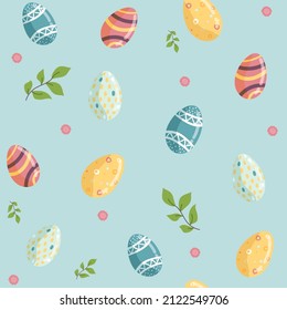 Vector seamless Easter pattern. decorative Easter eggs, leaves background for printing on fabric, scrapbooking paper, gift wrap and wallpaper.