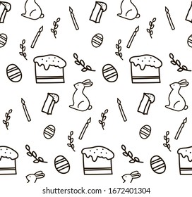 Vector seamless Easter pattern. Doodle style. Hand drawn pattern with Easter cake, eggs, candle, bunny, twig for fabric, covers, wallpapers, Outline vector pattern isolated on white background.