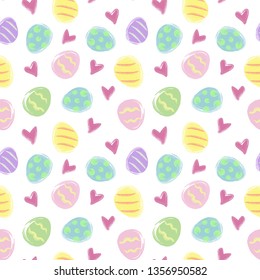 Vector seamless Easter pattern with eggs in hand draw style on white background. Perfect for wrapping paper, textile or holiday greeting cards.