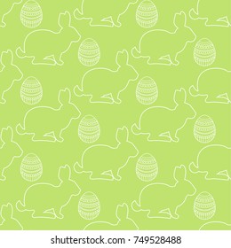 Vector seamless Easter pattern. Line rabbit with eggs on green background.