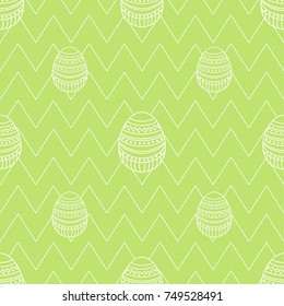 Vector seamless Easter pattern. Line eggs with zigzag stripes on green background.
