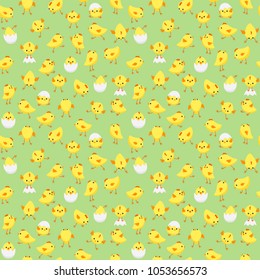 Vector seamless Easter pattern with tiny chicks in various poses on pastel green background 