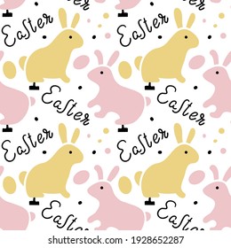 Vector seamless Easter pattern. Yellow and pink Easter bunnies, Easter lettering, eggs, circles on a white background. Holiday wrapping paper, fabric, scrapbooking paper. Soft pastel shades.