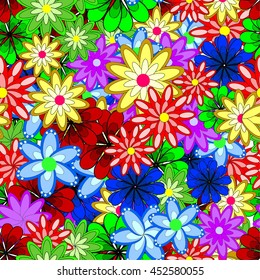 Vector seamless eastern pattern on colorful flowers doodles background