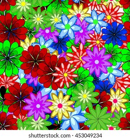 Vector seamless eastern pattern on colorful flowers doodles background