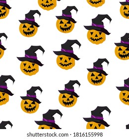 Vector seamless editable pattern on a transparent background. Voluminous Jack Lantern pumpkin in wizard hats. Suitable for Halloween-themed decoration