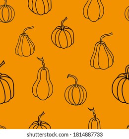 Vector seamless editable texture on an orange background black linear pumpkins of various types and shapes. Suitable for decoration on the theme of autumn or Halloween.