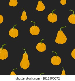 Vector seamless editable texture on a  black background orange pumpkins of various types and shapes. Suitable for decoration on the theme of autumn or Halloween.