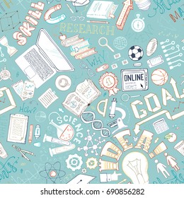 Vector seamless education pattern. Science, math, technic, laboratory, chemistry, research symbols and elements. Dna, molecules, test-tubes, microscope, office stationery. Doodles boundless background