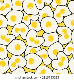 Vector seamless egg pattern. Background of breakfast with scrambled eggs, fried eggs. Bright design.