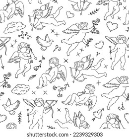 Vector seamless elegant, minimalistic pattern with cupids, hearts and flowers. Hand drawn monochrome background in retro style for Valentine's Day cards, declarations of love, for fabrics, postcards.