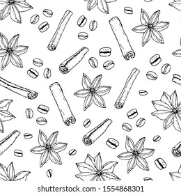 Vector seamless elegant pattern. Cinnamon sticks, star anise and coffee beans. Hand-drawn vector illustration. Endless texture for your design.