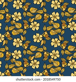 Vector seamless elegant pattern colorful design of abstract lined yellow flowers on blue background. The design is perfect for backgrounds, textiles, wrapping paper, wallpaper, decorations, surfaces