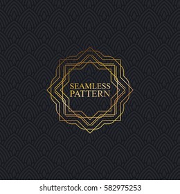 Vector seamless elegant pattern for package or textile design. Black seamless background with vintage golden ornate frame