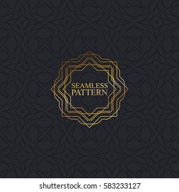 Vector seamless elegant pattern for package or textile design. Black seamless background with vintage golden ornate frame