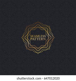 Vector seamless elegant pattern for package or fabric design. Black seamless wallpaper with golden ornate frame. Art-deco vintage background
