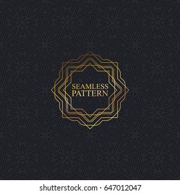 Vector seamless elegant pattern for package or fabric design. Black seamless wallpaper with golden ornate frame. Art-deco vintage background