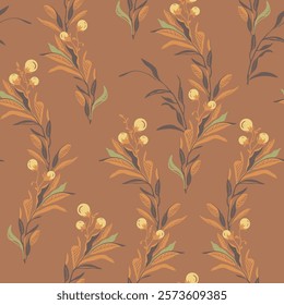 Vector seamless elegant winding vertical berries branches ornament pattern with golden caramel leaves on a neutral mocha mousse color background.