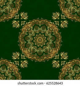 Vector seamless elements for design. Golden grid in oriental style. Islamic card background. Eastern gold on a green background.