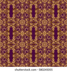 Vector seamless elements for design. Islamic card background. Eastern gold on a purple background. Golden grid in oriental style.