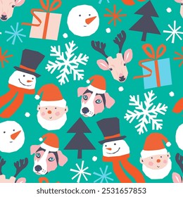 Vector seamless with elf and snowman, deer and dog, gift and Christmas tree