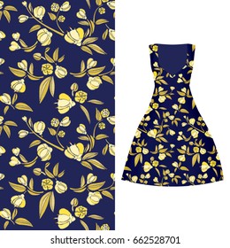 Vector seamless embroidery, floral pattern of leaves and rose on classic women's dress mockup. Vector illustration. Hand-drawn ornate pattern. Gold on dark blue.